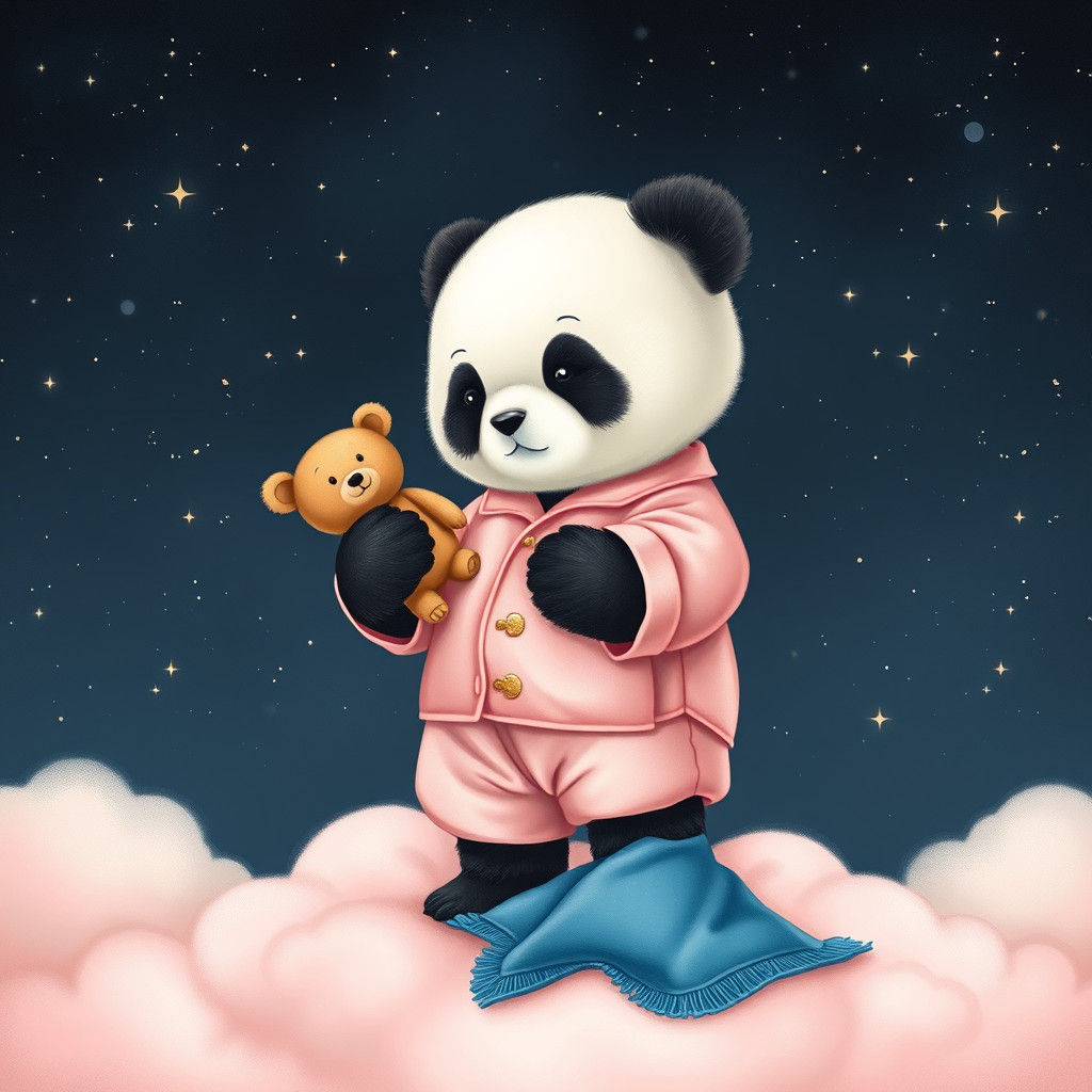 Panda on Pink Cloud in Kawaii Style