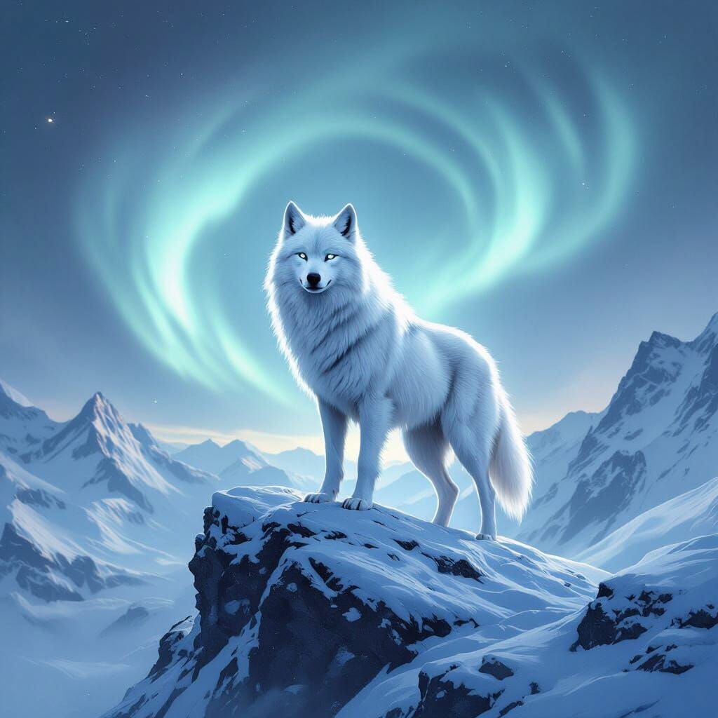 Majestic White Wolf on Snowy Mountain Peak