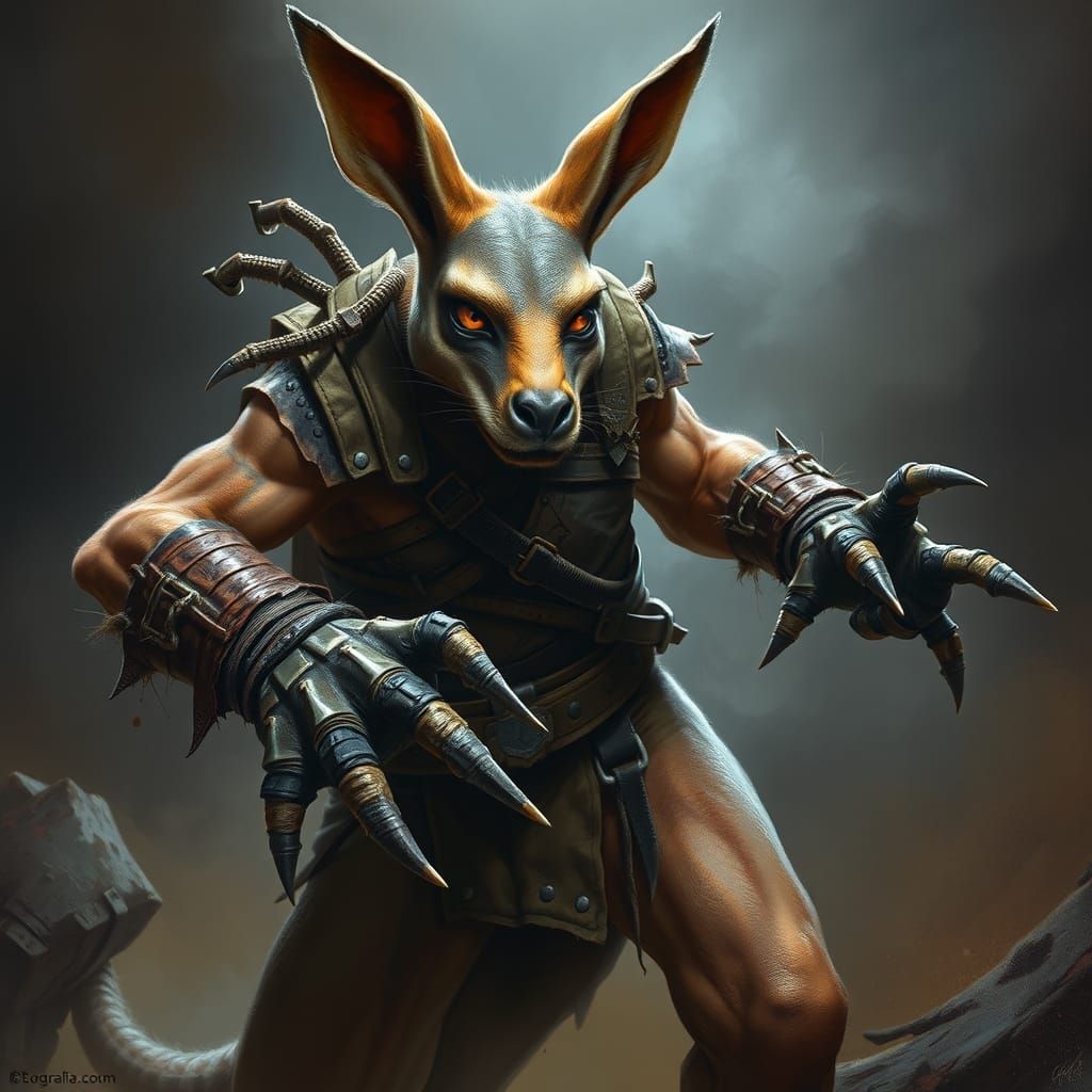 Visualize a menacing kangaroo warrior, with muscular arms and a fierce glare, ready to unleash its powerful kicks.