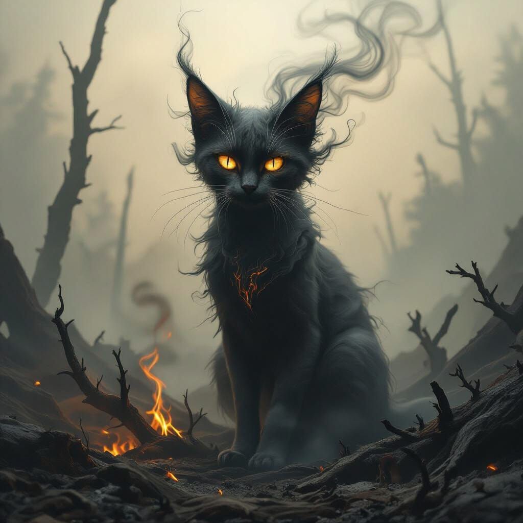 Ethereal Fairy Cat Rises from Ashes: Dark Fantasy Art