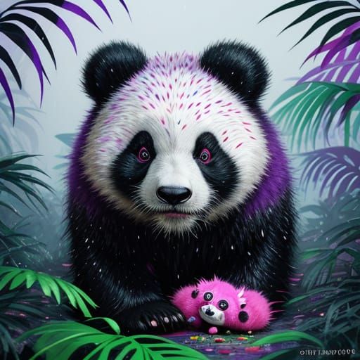Cute Purple Panda Hugs Sad Porcupine in Wet Singapore Jungle
