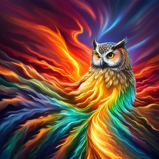 Rainbow Owl Amidst Chrome Sunset and Cosmic Explosion
