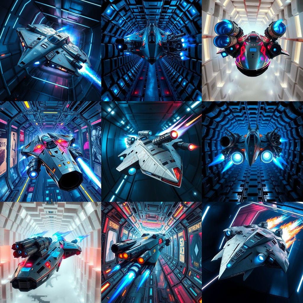 Futuristic Spacecraft Unleashes Blue Blazing Fury in Maze of...