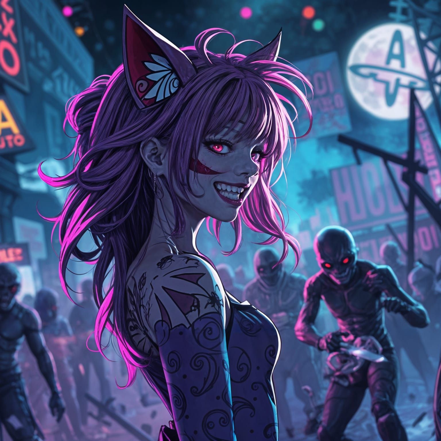 Cheshire Cat Girl in Neon Zombie Apocalypse