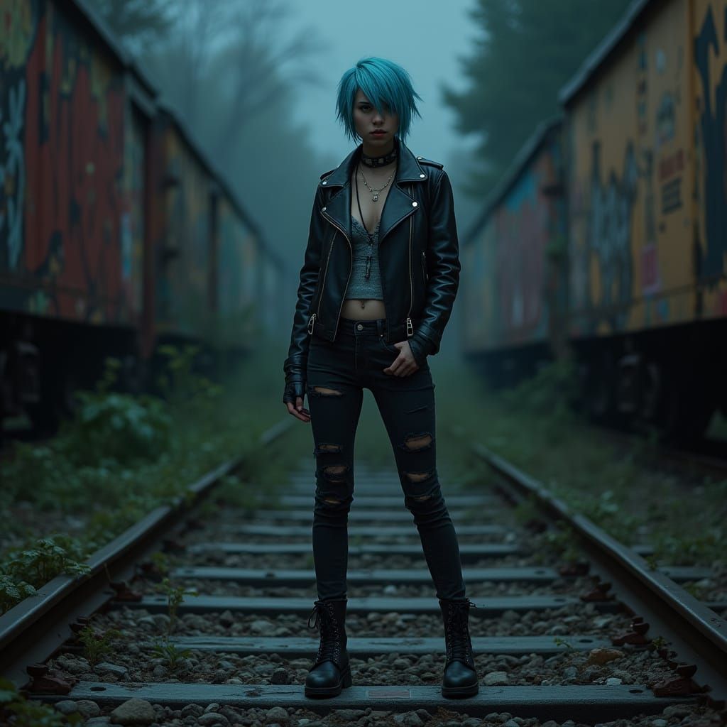 Blue-Haired Punk Girl in Abandoned Rail Yard