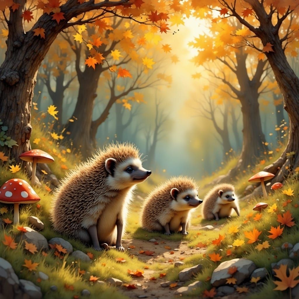 Hedgehog Family Frolics in Autumn Forest: Painterly Fantasy