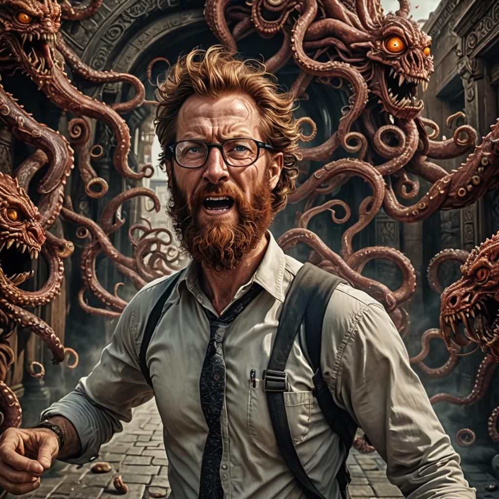 Man Escaping Monster Through Portal, Hyperrealistic Image