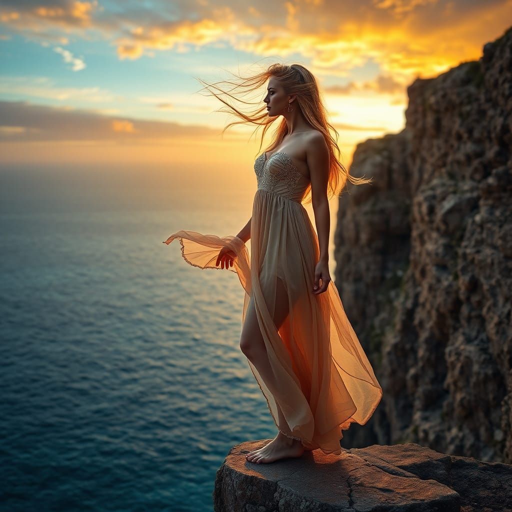 Woman on Cliff's Edge Gazing at Turquoise Ocean