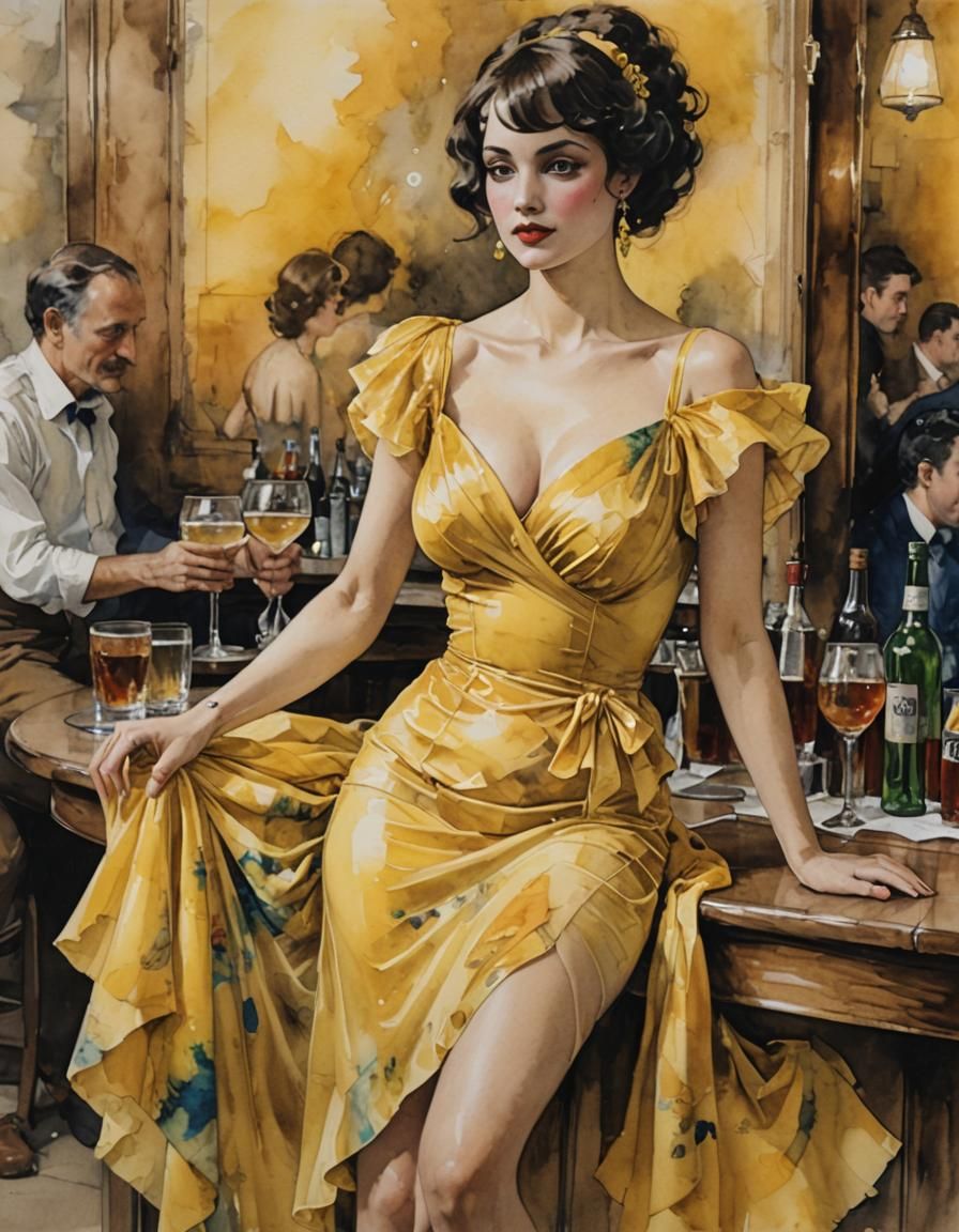 Woman in Yellow Dress: Alcohol Ink and Watercolor Style