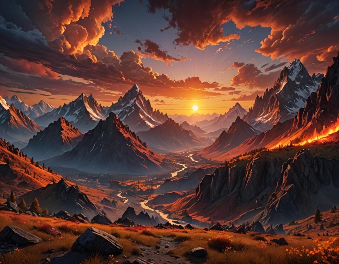 Mountain Sunset with Vibrant Colors as Detailed Matte Painti...