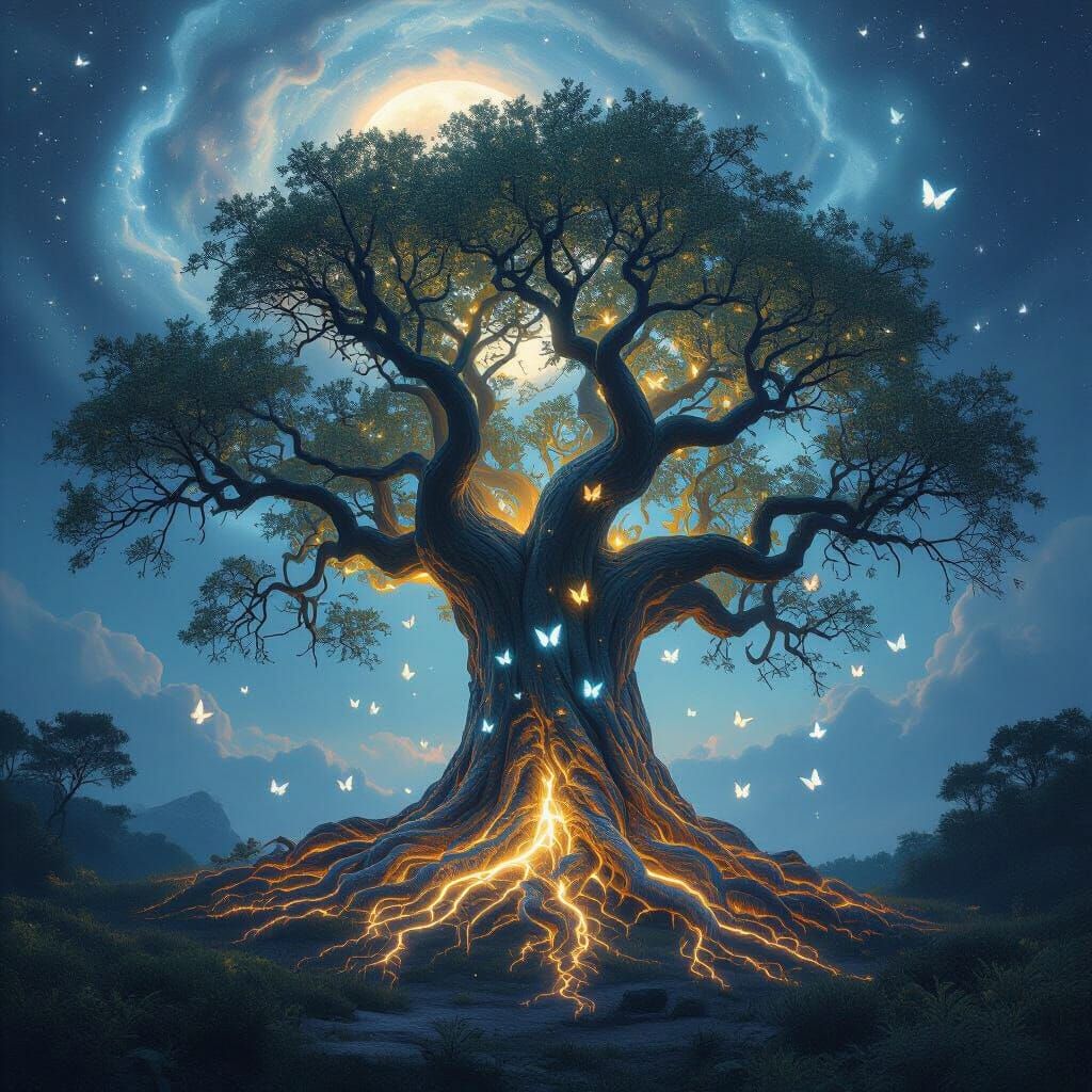 Ancient Tree with Bioluminescent Butterflies in Nebula Sky