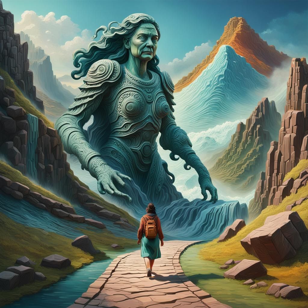 Hyperrealistic Sculpture of Woman on Mountain Path