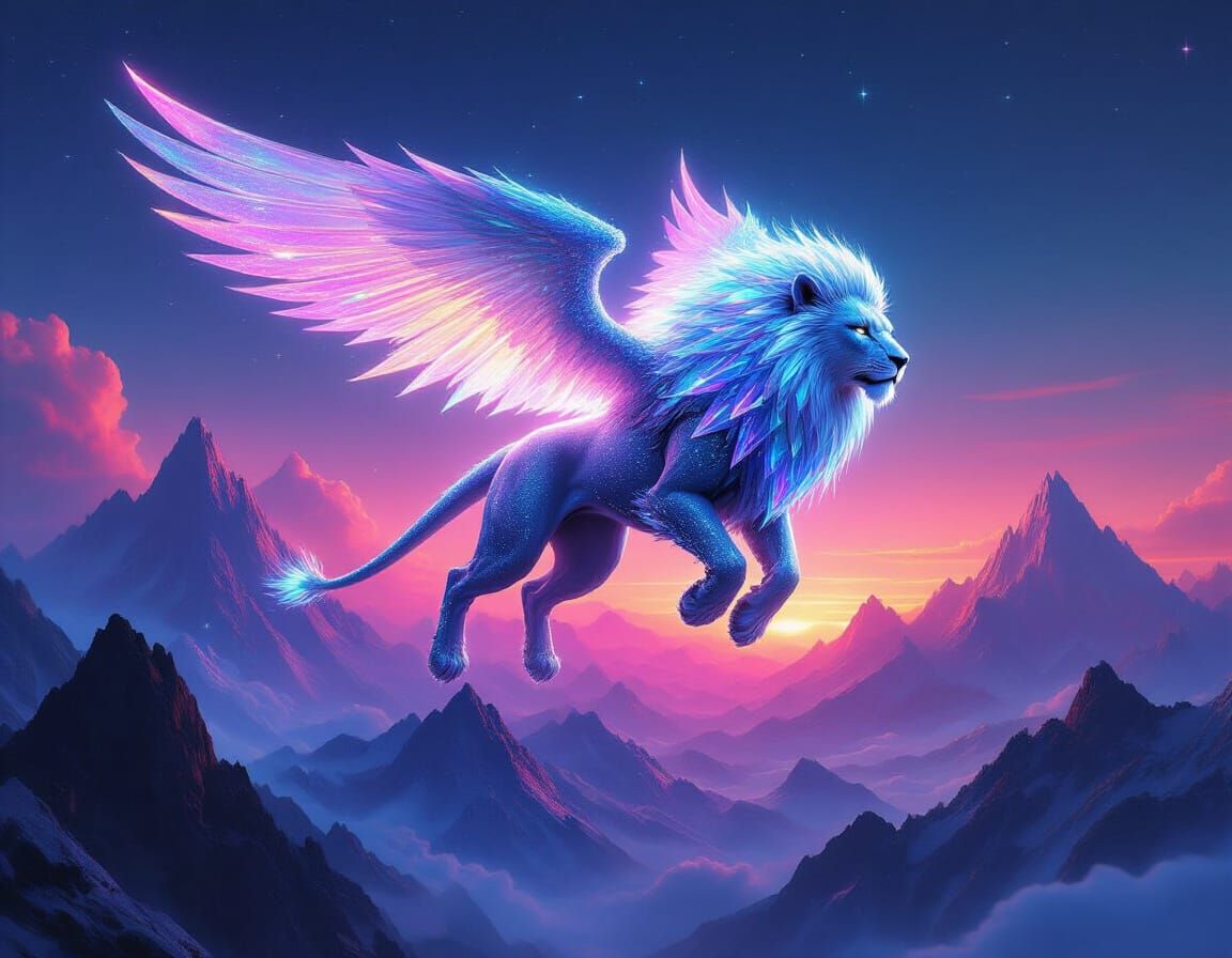 Lion-Dragon Hybrid Gliding Over Prismatic Mountains