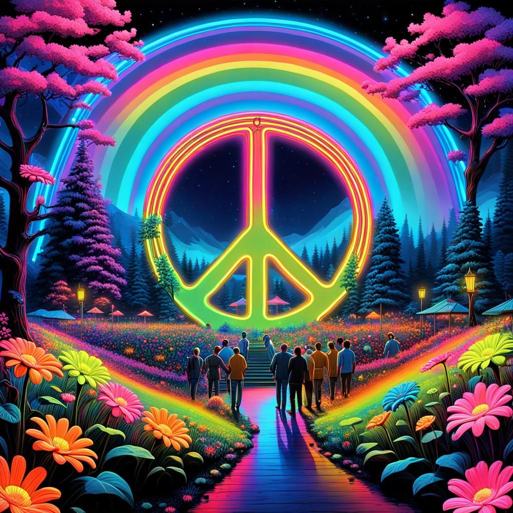 Neon Woodstock Concert with Rainbow and Swirling Colors