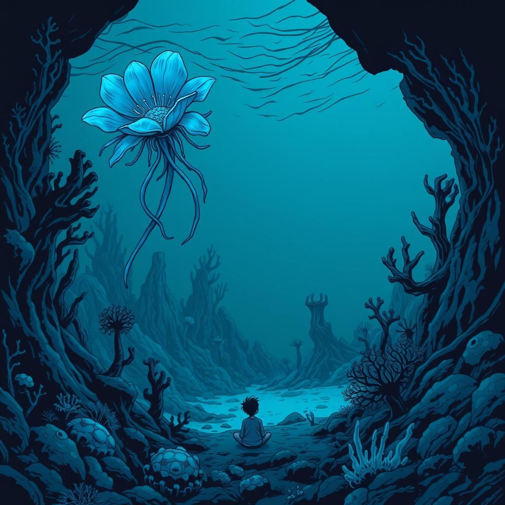 Eerie Underwater Landscape with Blooming Sea Blossom