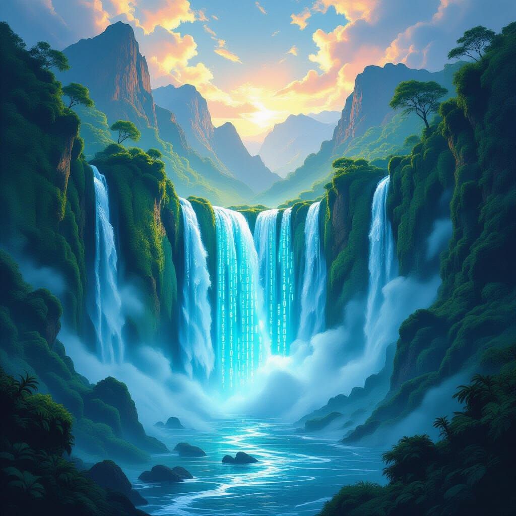 Majestic Waterfall of Glowing Binary Code in Fantasy Art Sty...