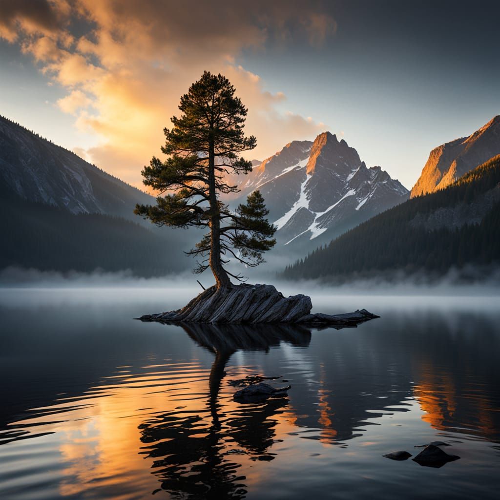 Mountain Lake Sunrise: Solitary Pine on Rocky Island