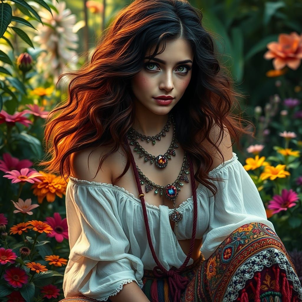 Mystical Bohemian Woman Dancing in Lush Garden