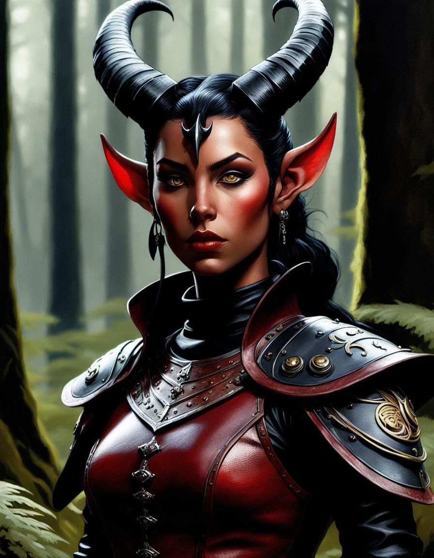 Tiefling Woman Portrait in Detailed Fantasy Art Style