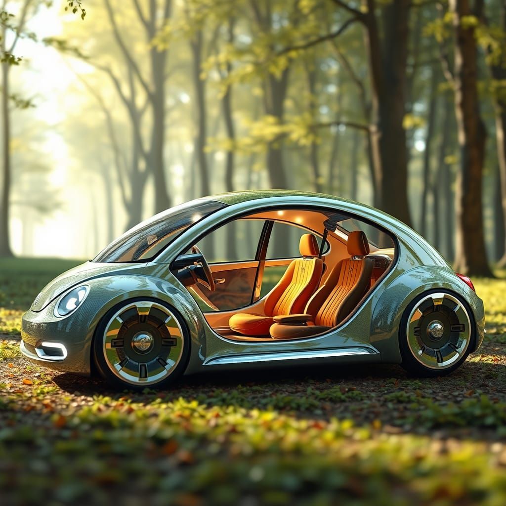 Retro-Futuristic VW Beetle in Fairy-Tale Forest: 3D Render