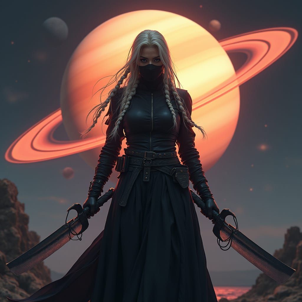 Futuristic Ninja with Hoop Blades Under Saturn