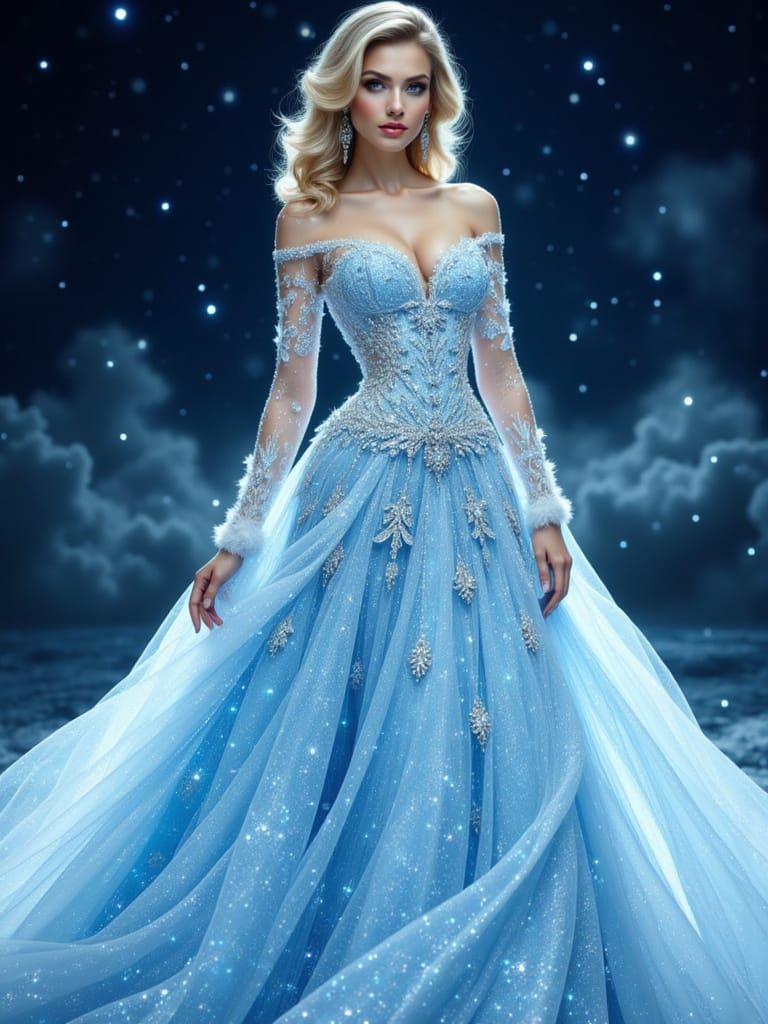 Icy Blue Couture Gown with Rhinestones and Silver Embroidery