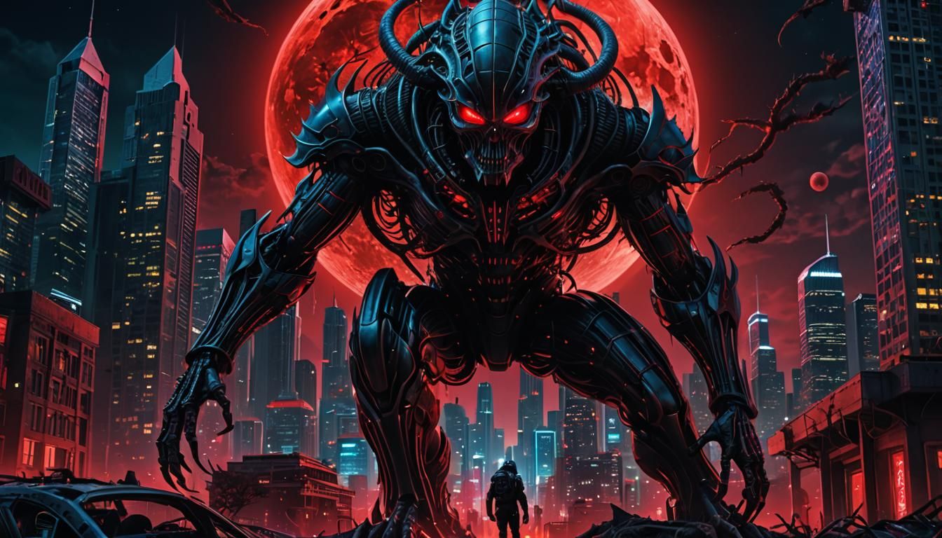 Giger-Inspired Alien Over Neon Post-Apocalyptic Cityscape