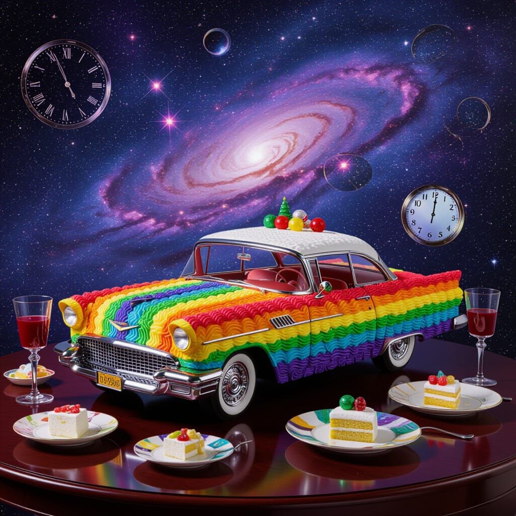 Realistic Cake Car with Rainbow Gradient in Cosmic Setting