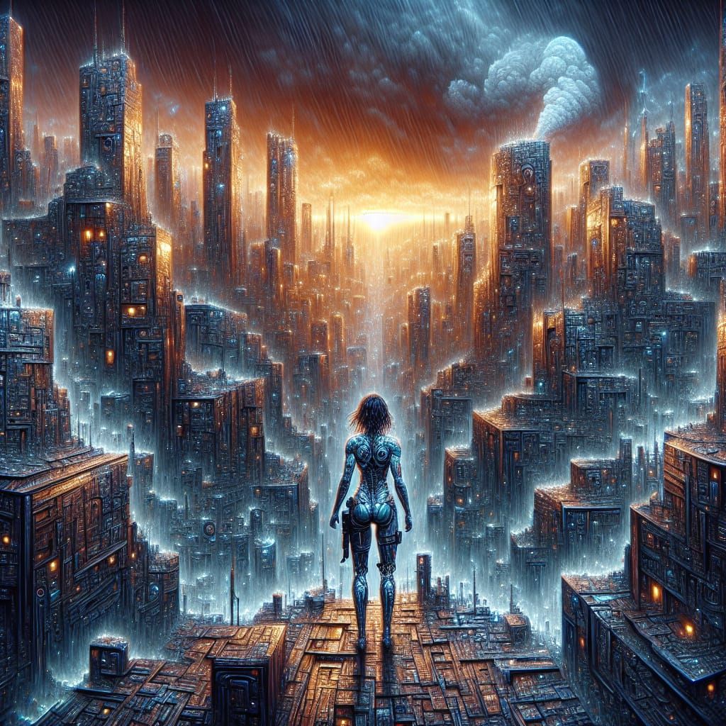 Cyberpunk Cityscape with Action Heroine, Unreal Engine Art