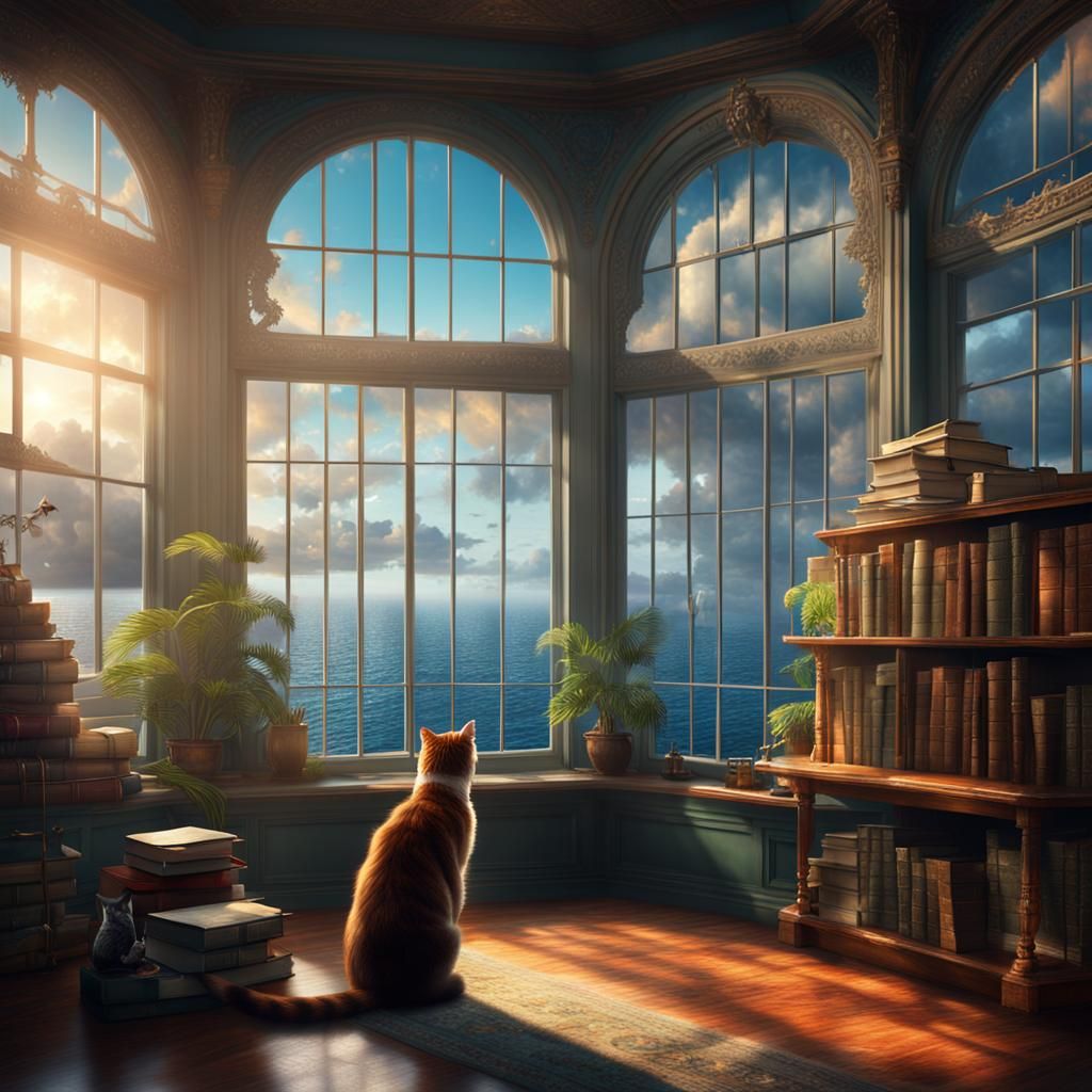 Library Room with Sea View and Cat