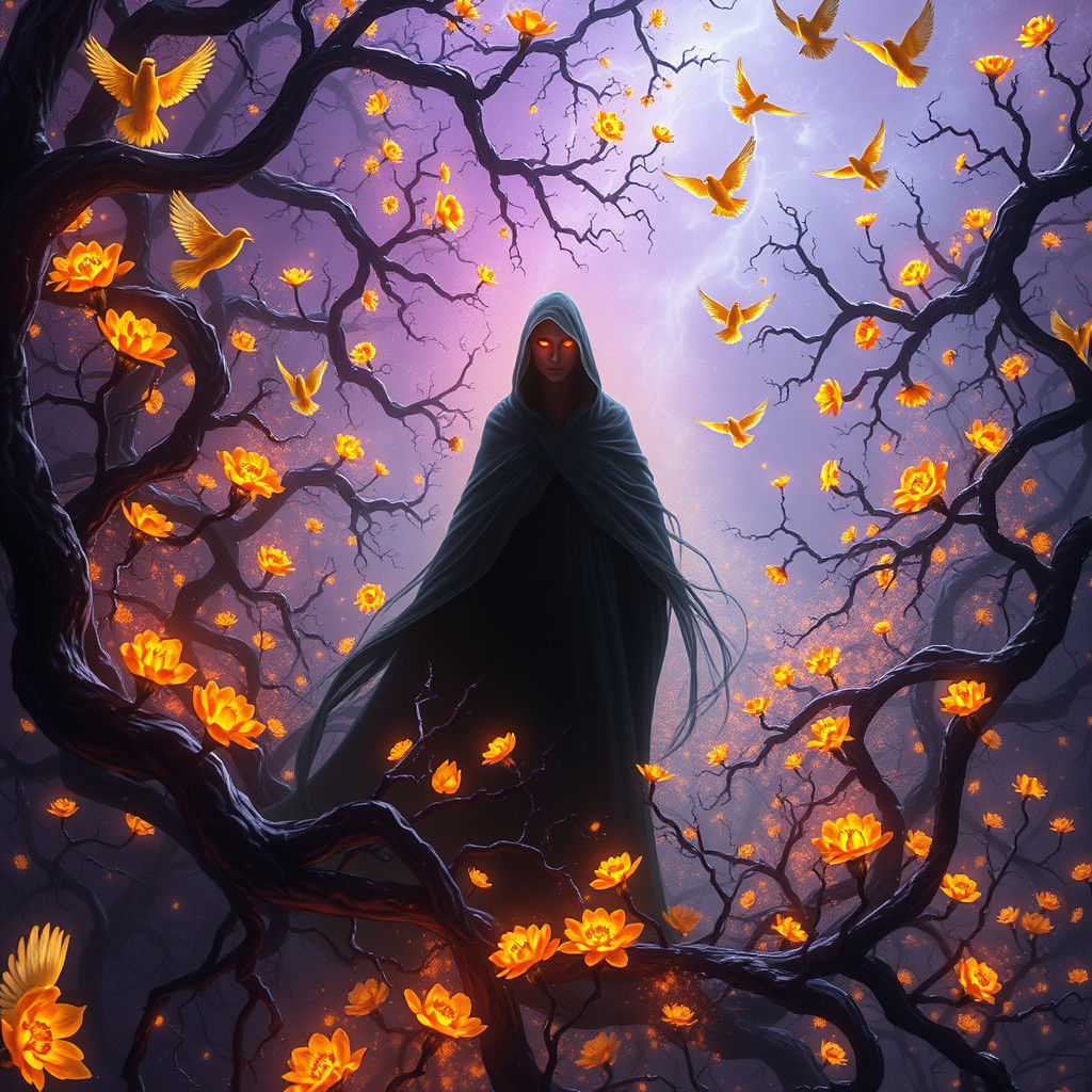 Mystical Figure in Ethereal Dark Fantasy Landscape