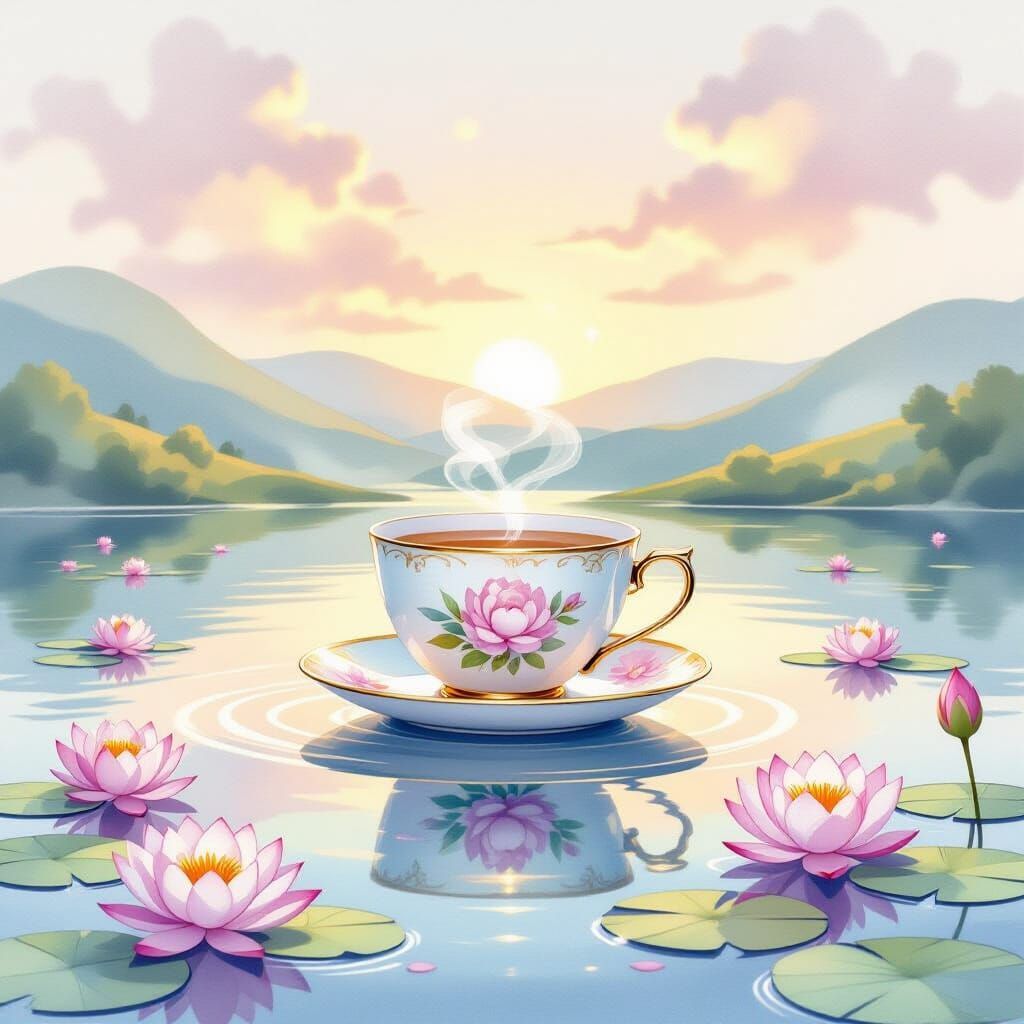 Sentient Teacup on Pastel Lake, Dreamy Watercolor Style