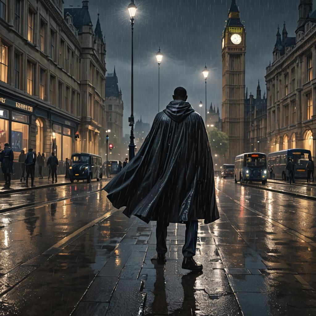 Dark Figure in Rainy London, Hyperdetailed Concept Art