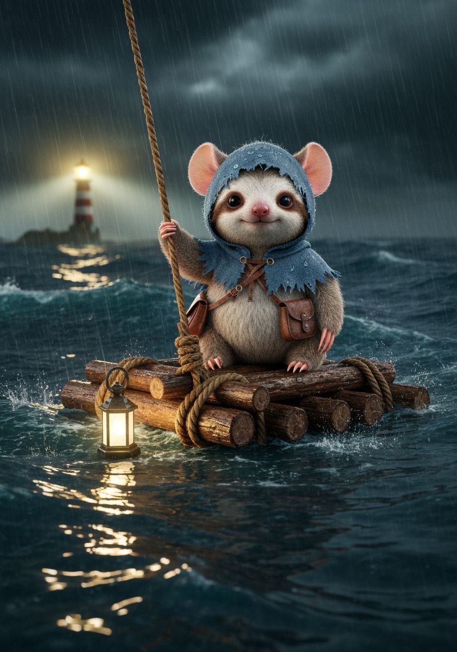 Adorable Sloth in Cloak Braves Stormy Sea on Raft