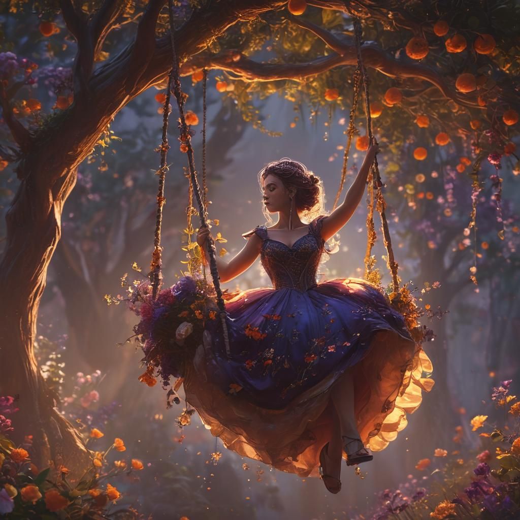 Whimsical Fantasy: Woman on a Flower-Adorned Swing
