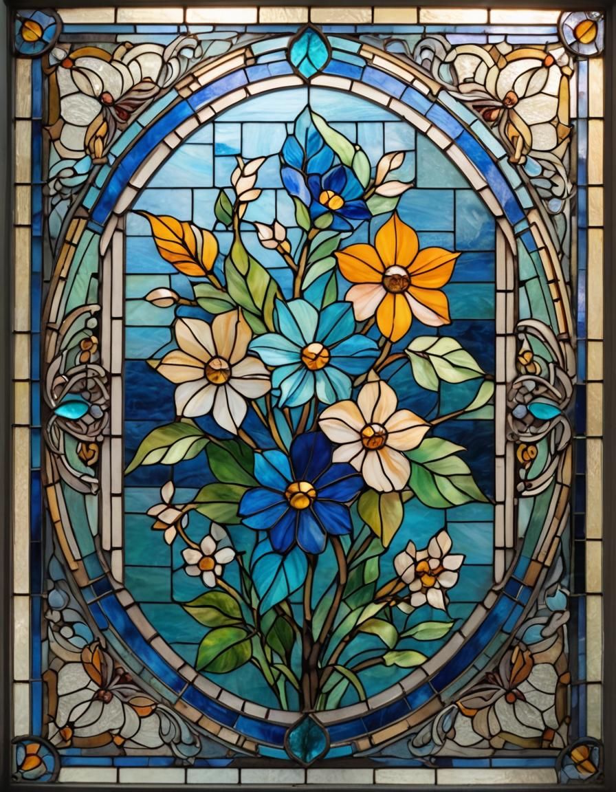 Blue Flower Stained Glass in Fauvist Style