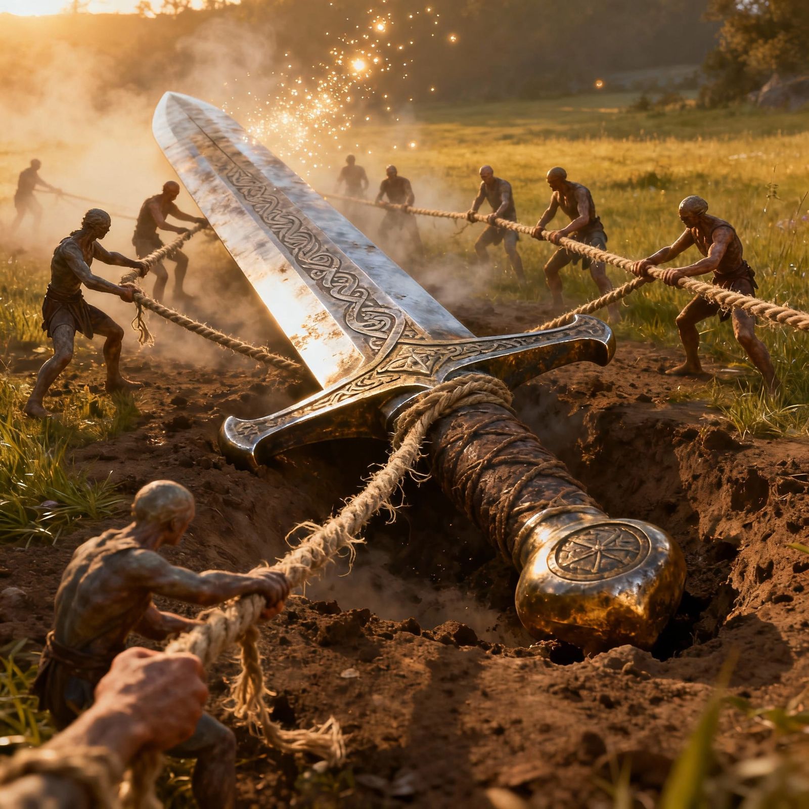 Tiny Figures Pull Giant Sword in Ethereal Fantasy Landscape