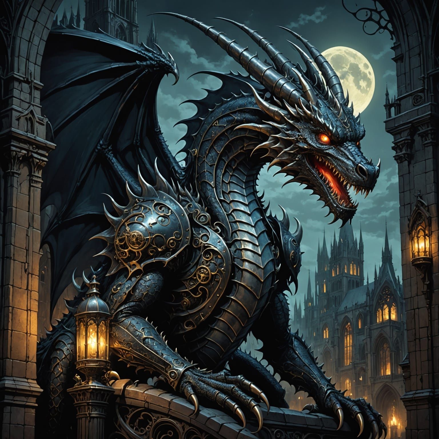 Biomechanical Dragon Coiled Around Gothic Cathedral