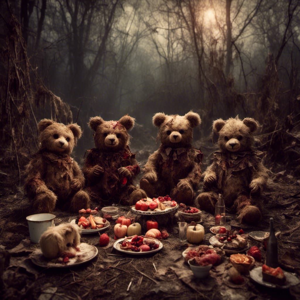 Sinister Teddy Bear Scare Picnic in Macabre Style