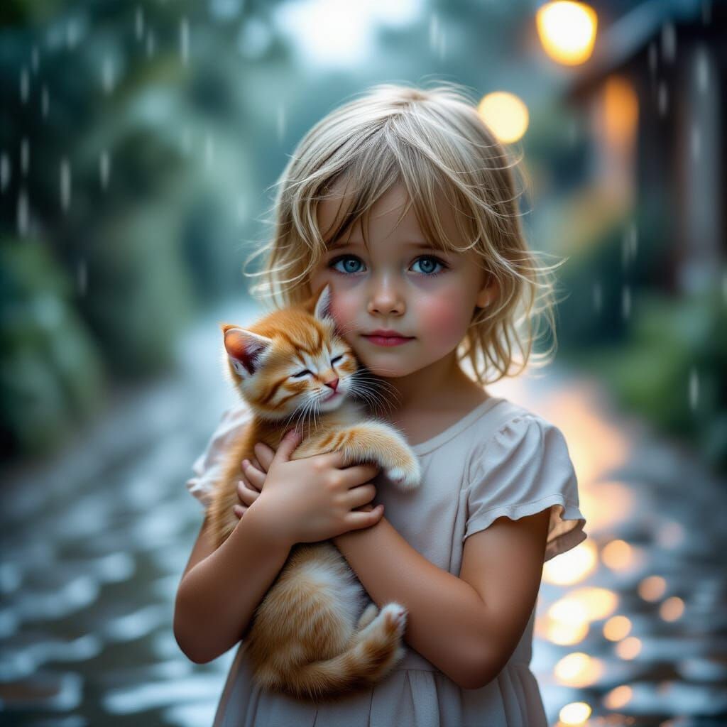 Girl Shelters Kitten in Gentle Evening Rain