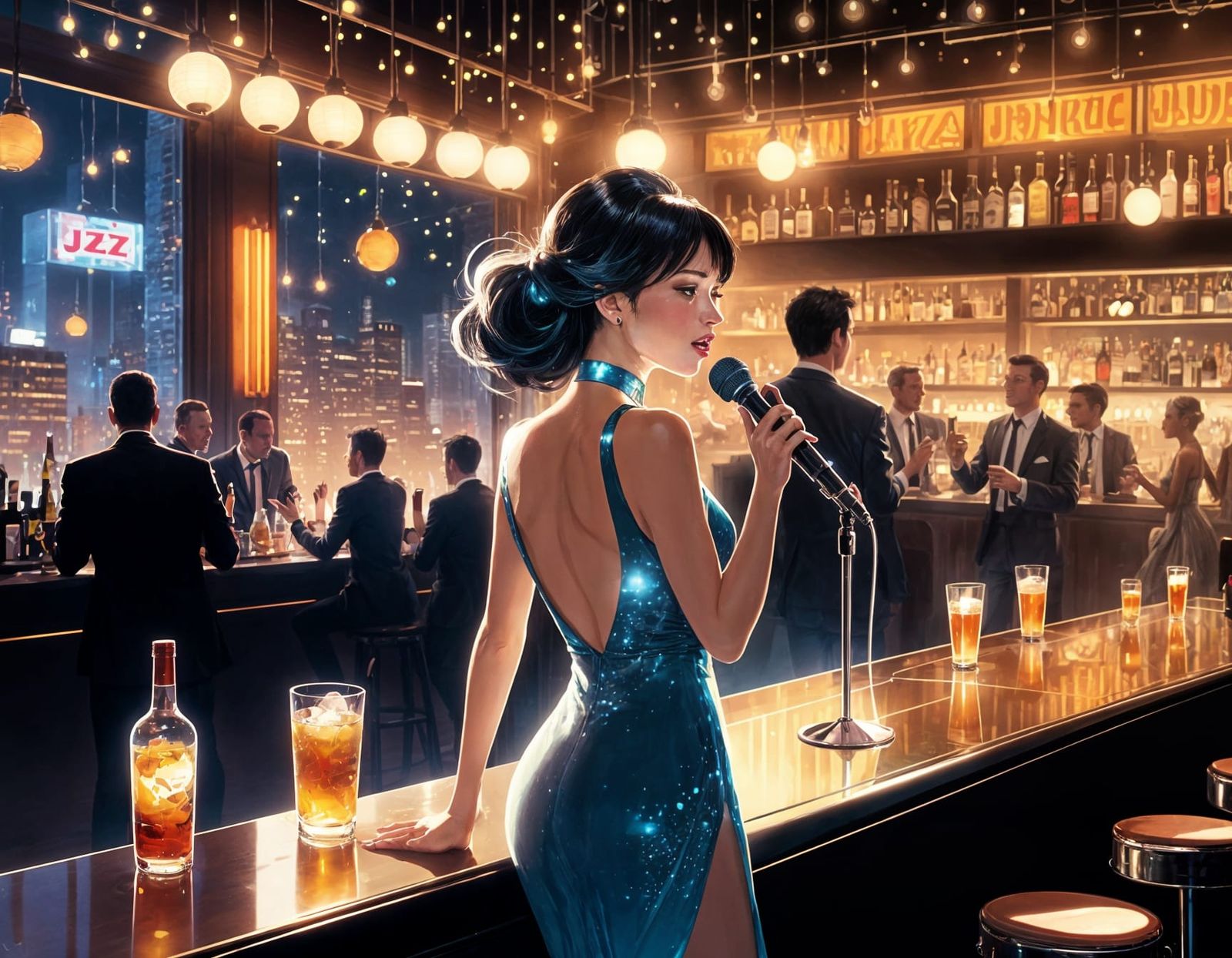 Anime Popstar Singing at Jazz Bar Digital Illustration