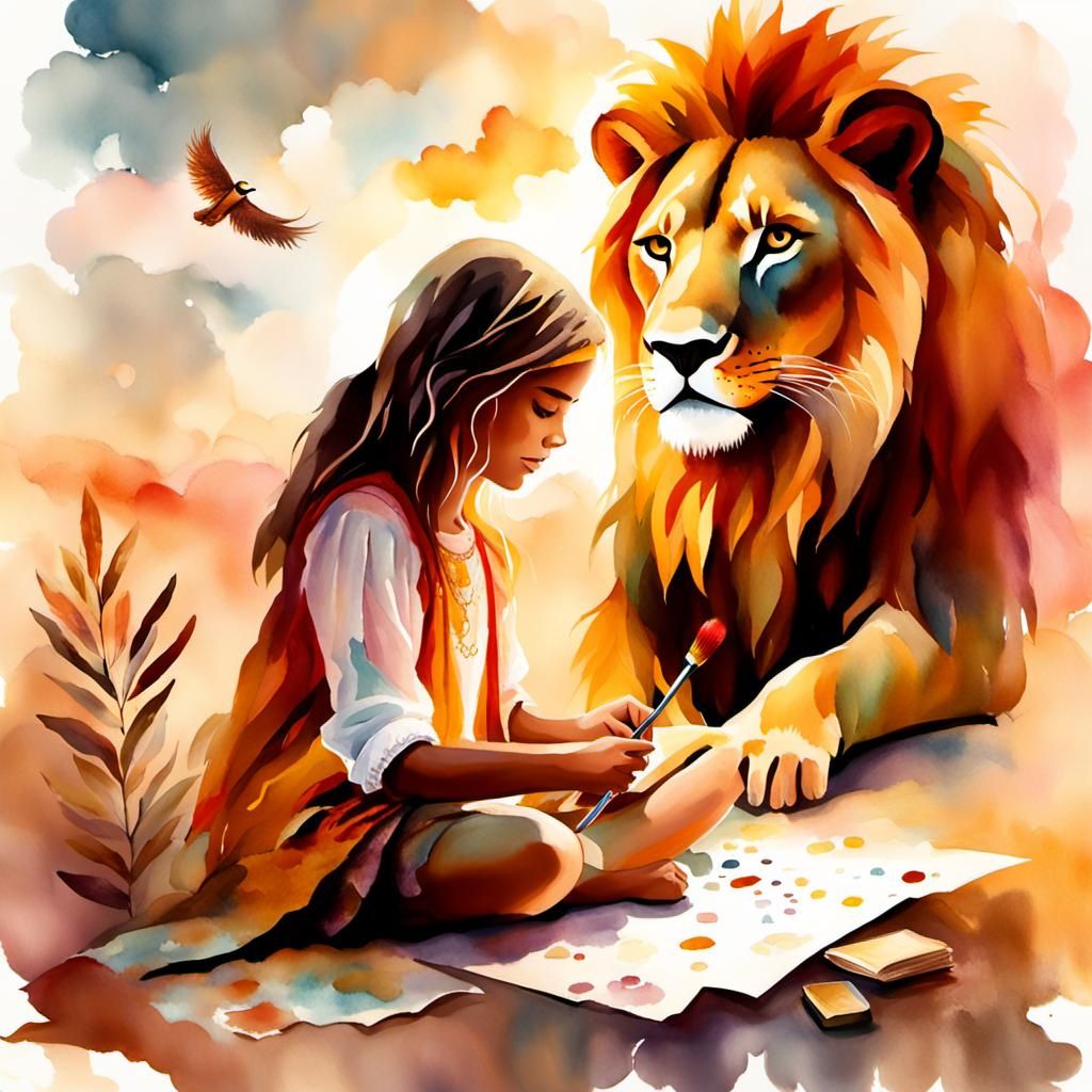 Girl Paints Lion in Whimsical Watercolor Fantasy