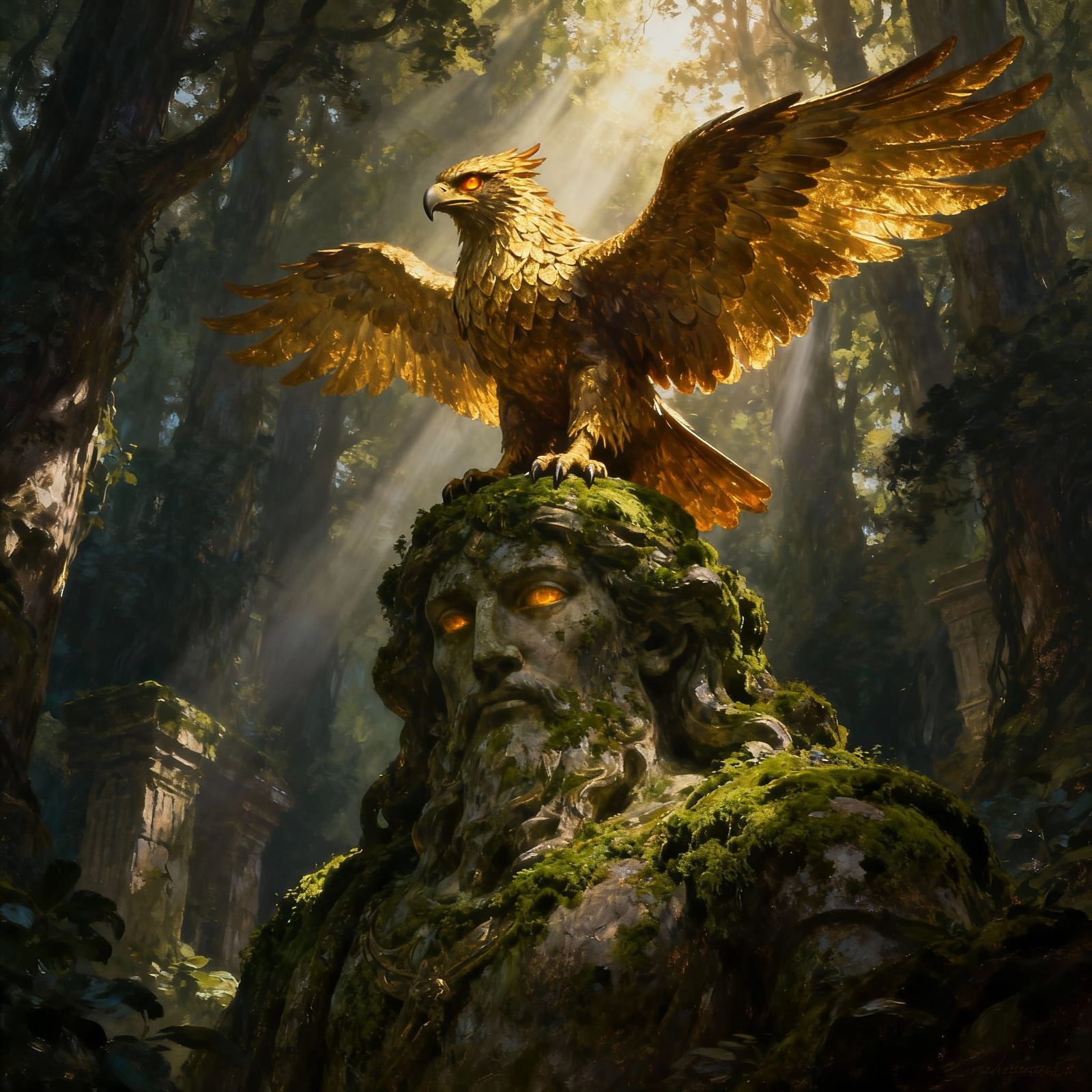 Golden Griffin Guards Ancient Forest Statue