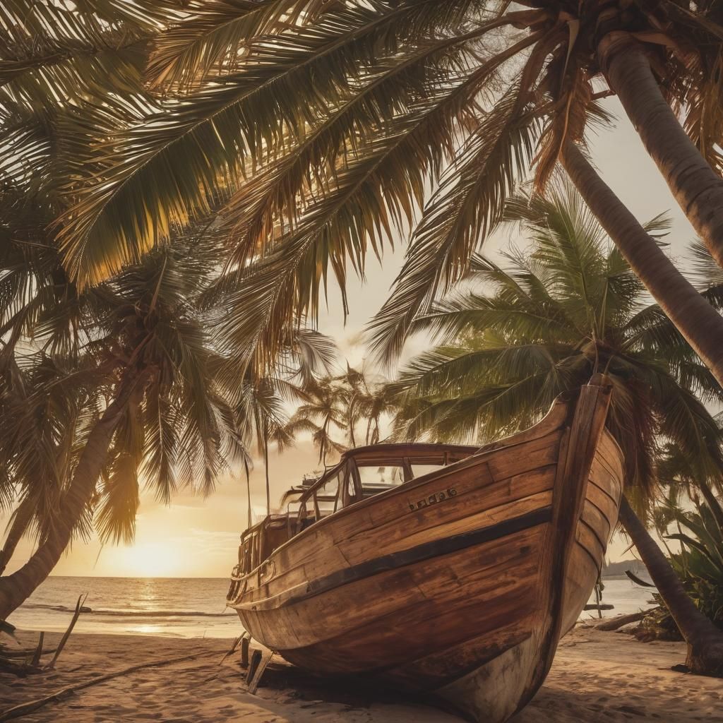 Tropical Beach Sunset with Historic Boat