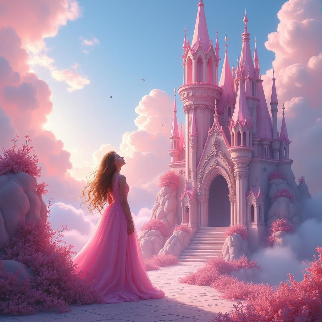 Pink Castle and Girl in Fantasy Concept Art Style