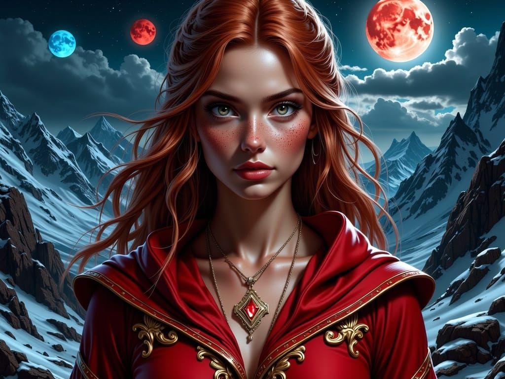 Ethereal Red Sorceress in Fantastical Mountain Landscape