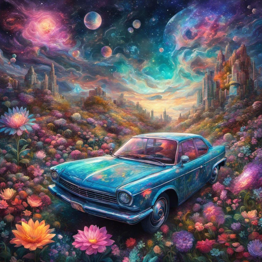 Flying Car Flower Garden: Cosmic Astral Illustration