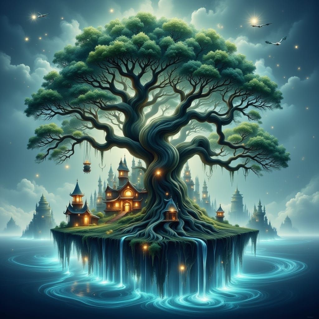 Ancient Tree Island with Bioluminescent Roots