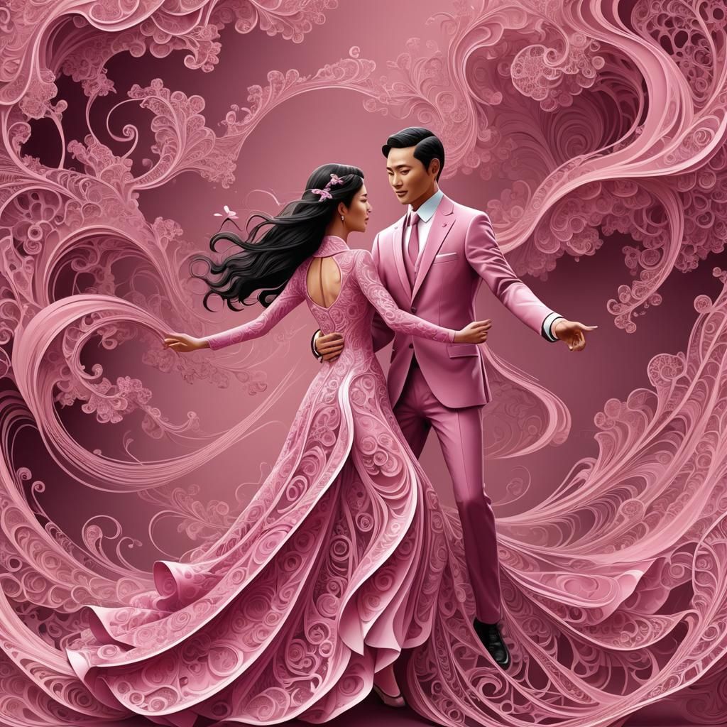 Elegant Asian Couple Dancing in Abstract Vector Style