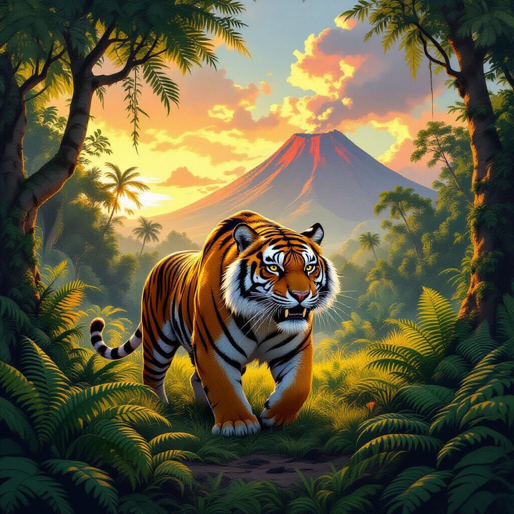 Sabertooth Tiger in Prehistoric Jungle, Detailed Concept Art